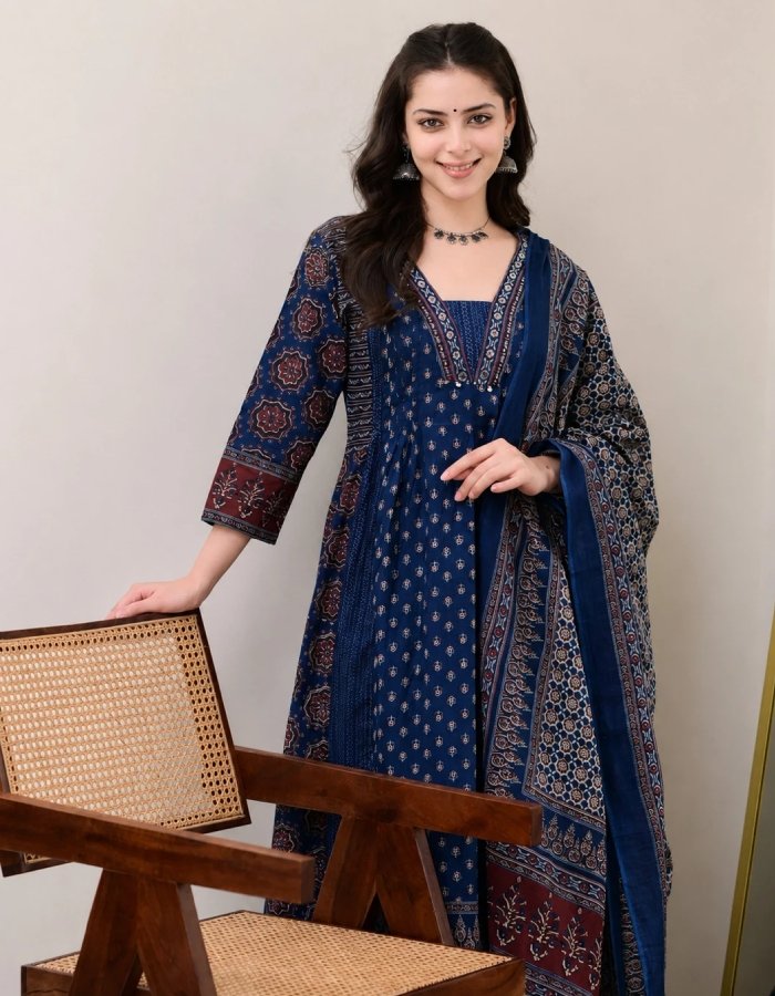 Cotton Blend Kurta Pant Dupatta Set