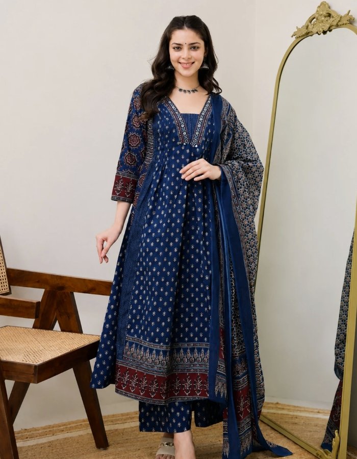 Cotton Blend Kurta Pant Dupatta Set