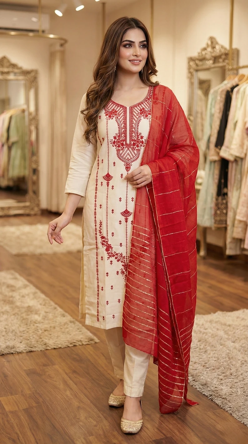 Pure Cotton Kurti Pant Dupatta Set
