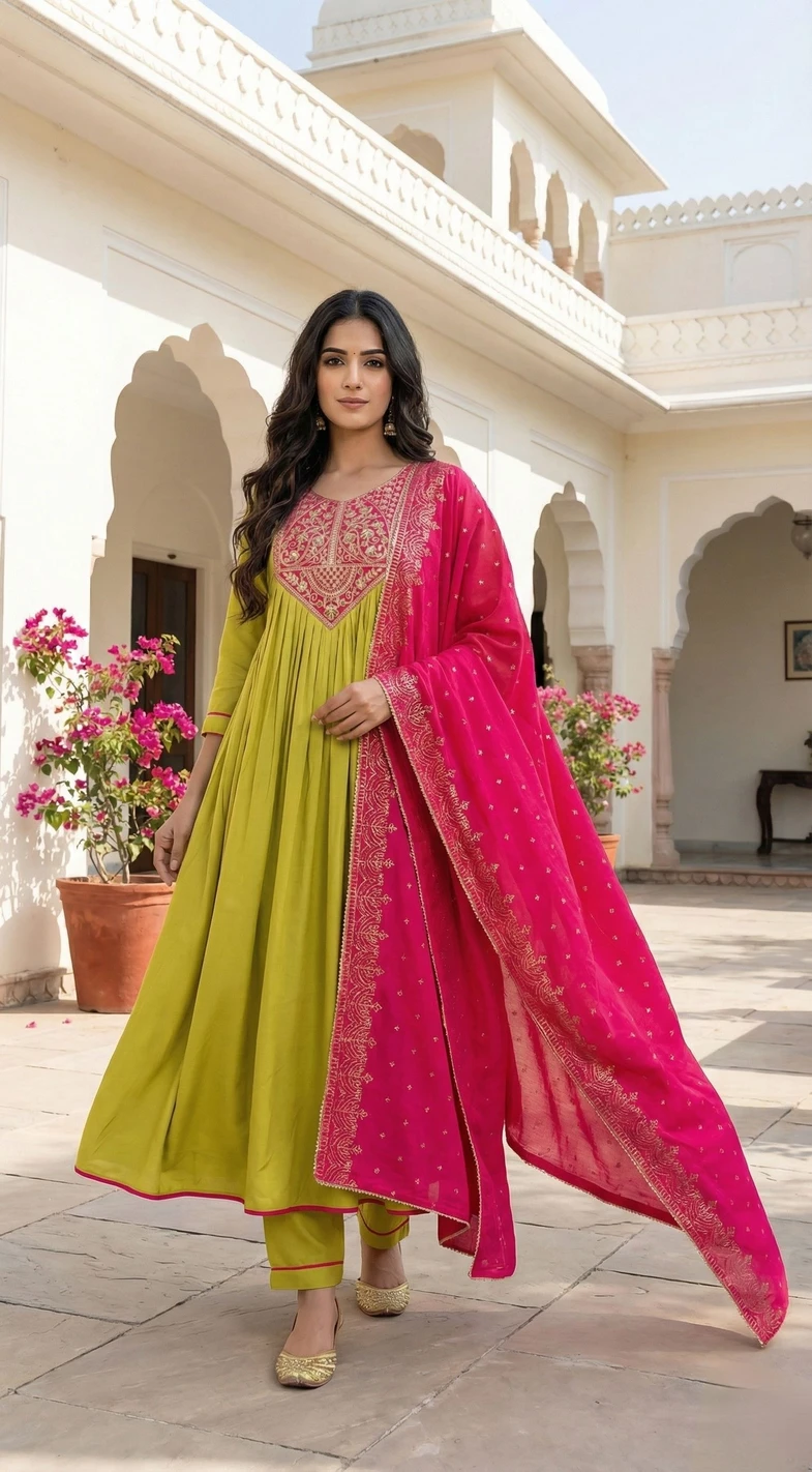 Silk Blend Kurti Pant Dupatta Set